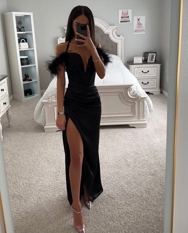 black feather prom dress